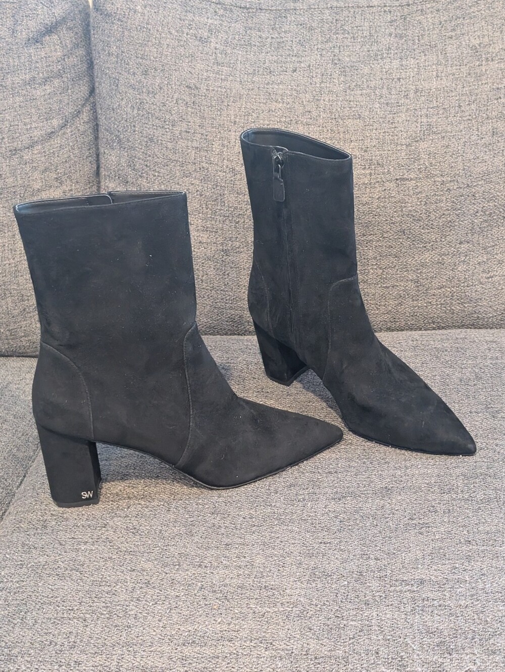Stuart Weitzman Black Pointed Toe Mid-Calf Suede Block Heel Boots